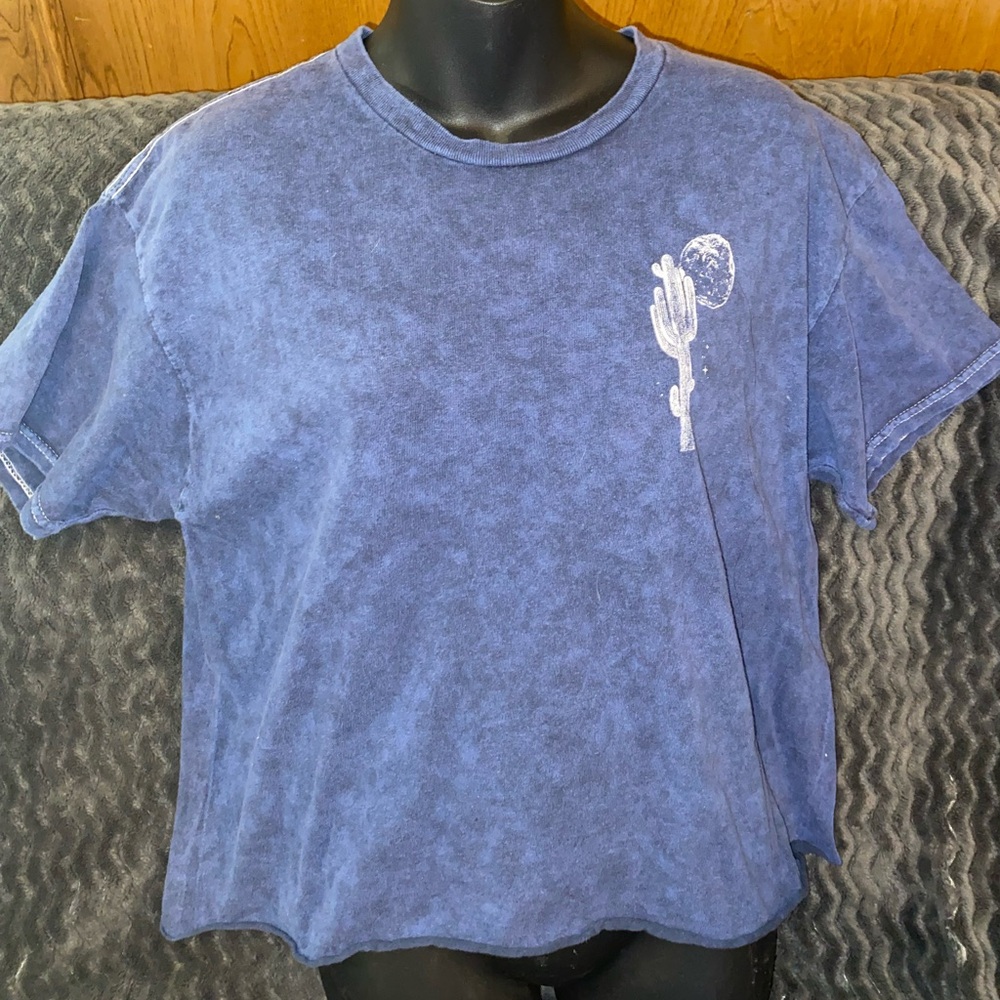 Mighty Fine Blue Crop Top with Cactus Design